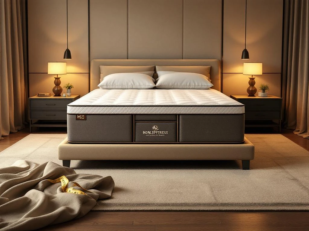 Luxe moderne slaapkamer met boxspring bed, nachtkastjes en stoffentalen met meetlint voor ergonomische slaapoplossingen