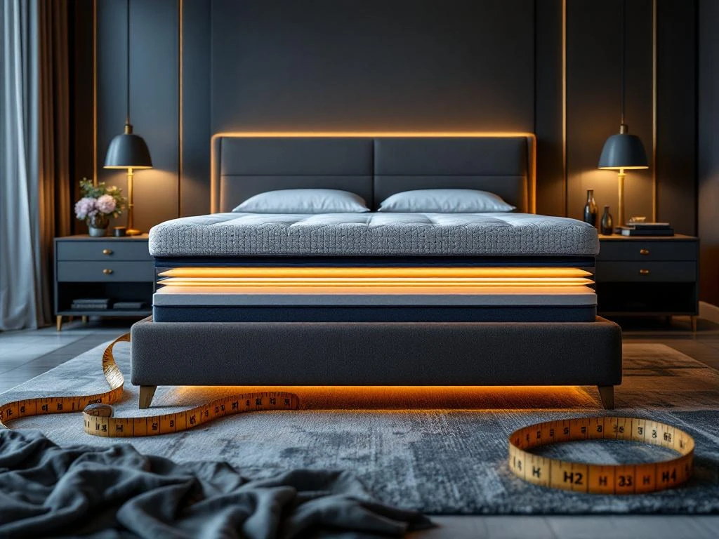 Luxe moderne slaapkamer met boxspring bed, stoffen stalen en meetlint voor ergonomische slaapoplossingen