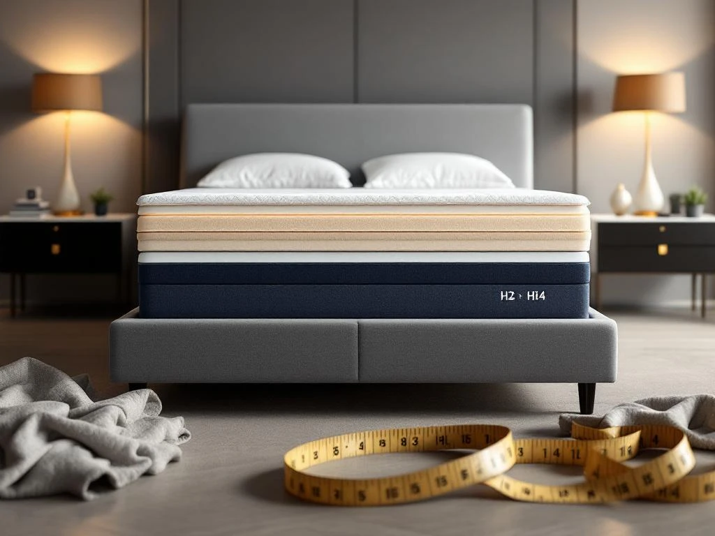 Luxe boxspring bed met zichtbare lagen en matrasdiktes, nachtkastjes met verlichting, stofstalen en meetlint op voorgrond