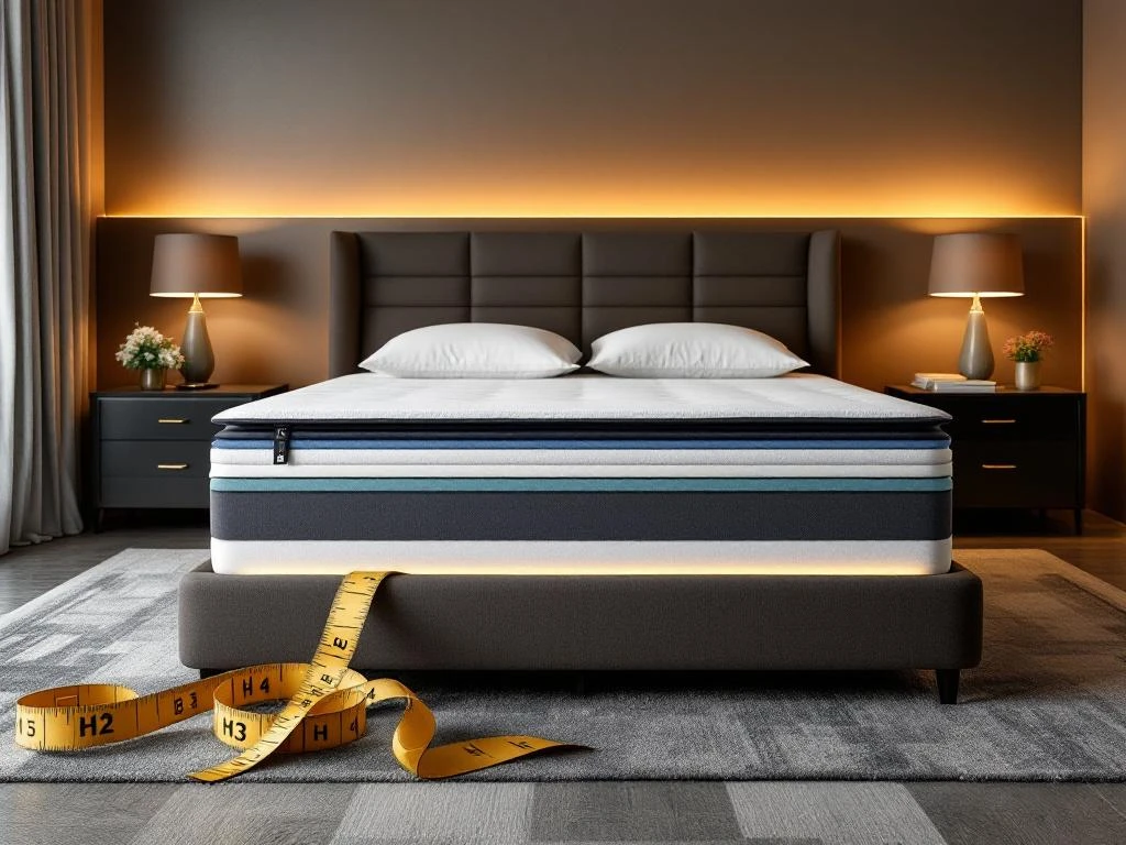 Luxe boxspring bed met zichtbare lagen in moderne slaapkamer, materiaalstalen en meetlint tonen maatwerk expertise
