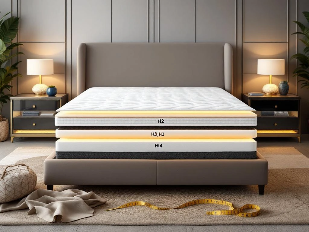 Luxe boxspring bed met zichtbare lagen en matrasbouw, nachtkastjes, stofstalen en meetlint in moderne slaapkamer