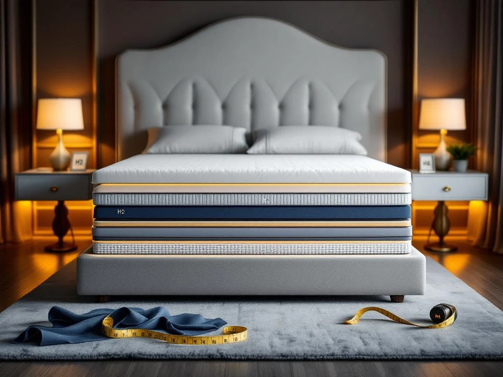 Luxe moderne slaapkamer met boxspring bed, nachtkastjes en stoffen stalen met meetlint voor maatwerk expertise