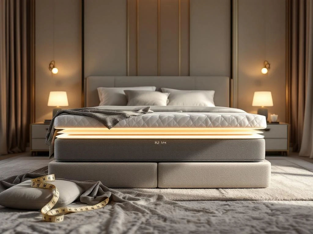 Luxe moderne slaapkamer met boxspring bed, stoffen stalen en meetlint voor maatwerk slaapadvies