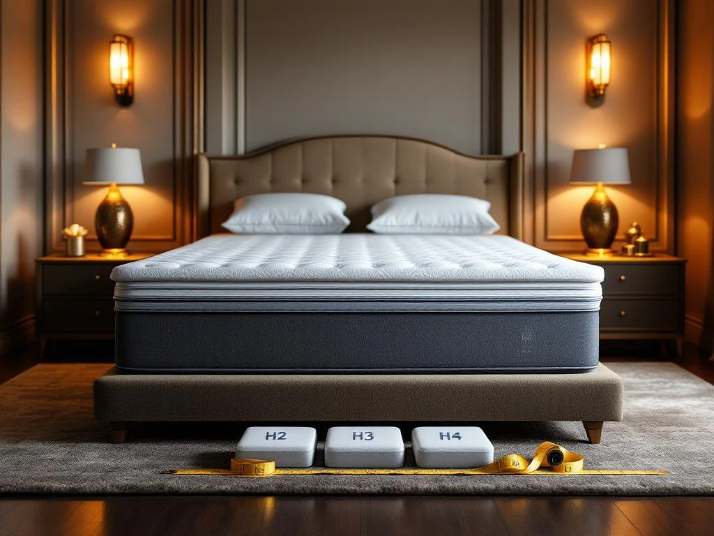 Luxe moderne slaapkamer met boxspring bed, nachtkastjes en matras firmheid samples H2, H3, H4 met meetlint