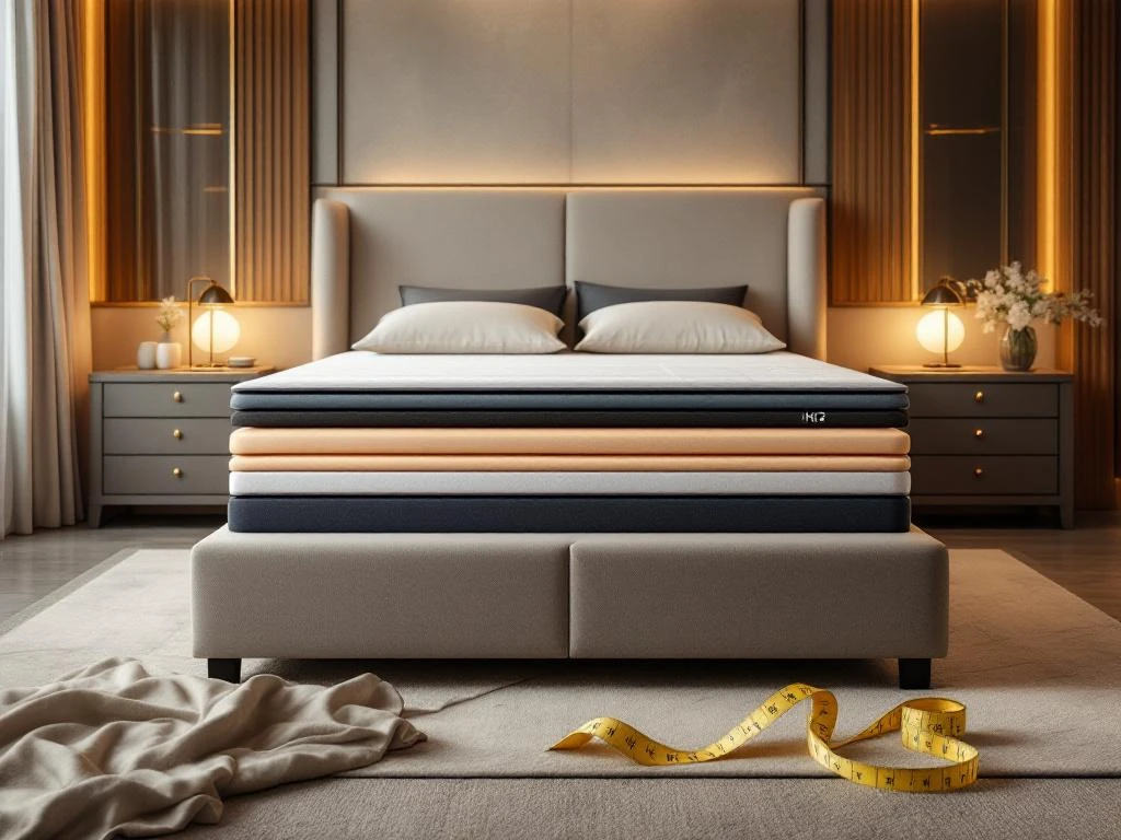 Luxe boxspring bed met meerlaagse matras in moderne slaapkamer, met stoffen firmheidsstalen en meetlint voor maatwerk