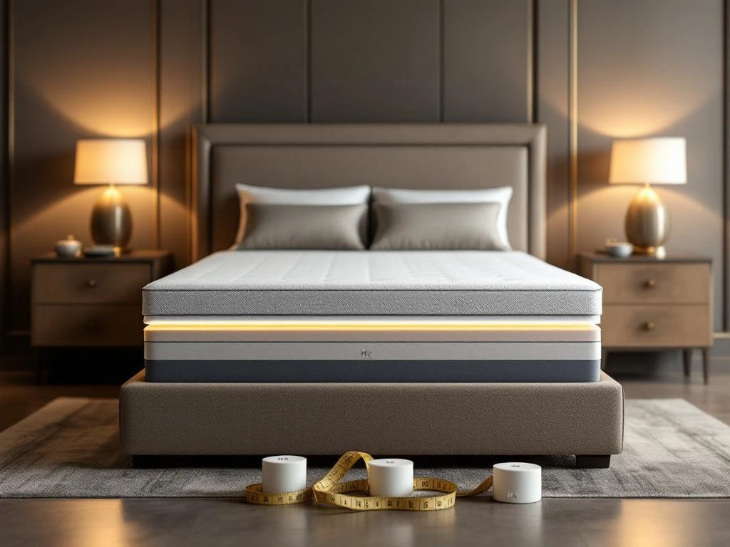Luxe boxspring bed met matraslagen en firmheidsmonsters H2, H3, H4 in moderne slaapkamer met nachtkastjes