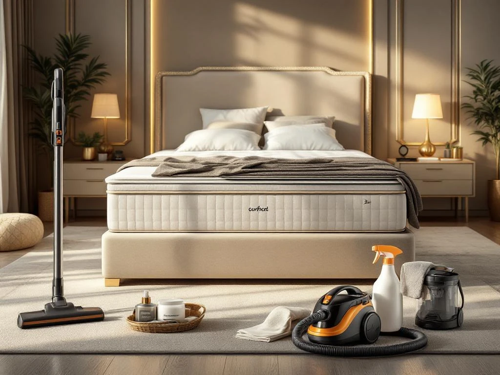 Luxe moderne slaapkamer met boxspring bed en schoonmaakmiddelen voor matrasonderhoud in neutrale tinten
