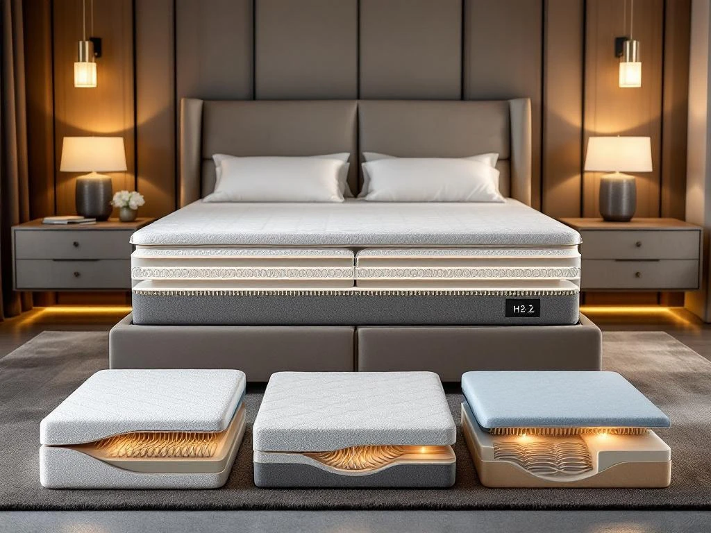 Luxe boxspring bed met doorsnede van pocket- en bonnellveren, matraslagen en comfort-indicatoren H2-H4 in moderne slaapkamer