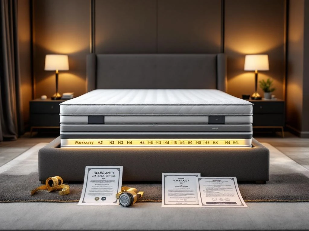 Luxe boxspring bed met gelaagde constructie in moderne slaapkamer, met garantiedocumenten en materiaalstalen H2-H4