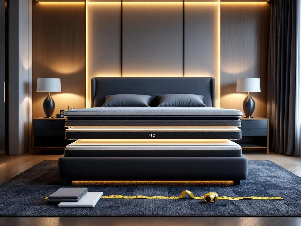 Luxe moderne slaapkamer met elektrisch verstelbaar boxspring bed, materiaalstalen en meetlint voor maatwerk comfort