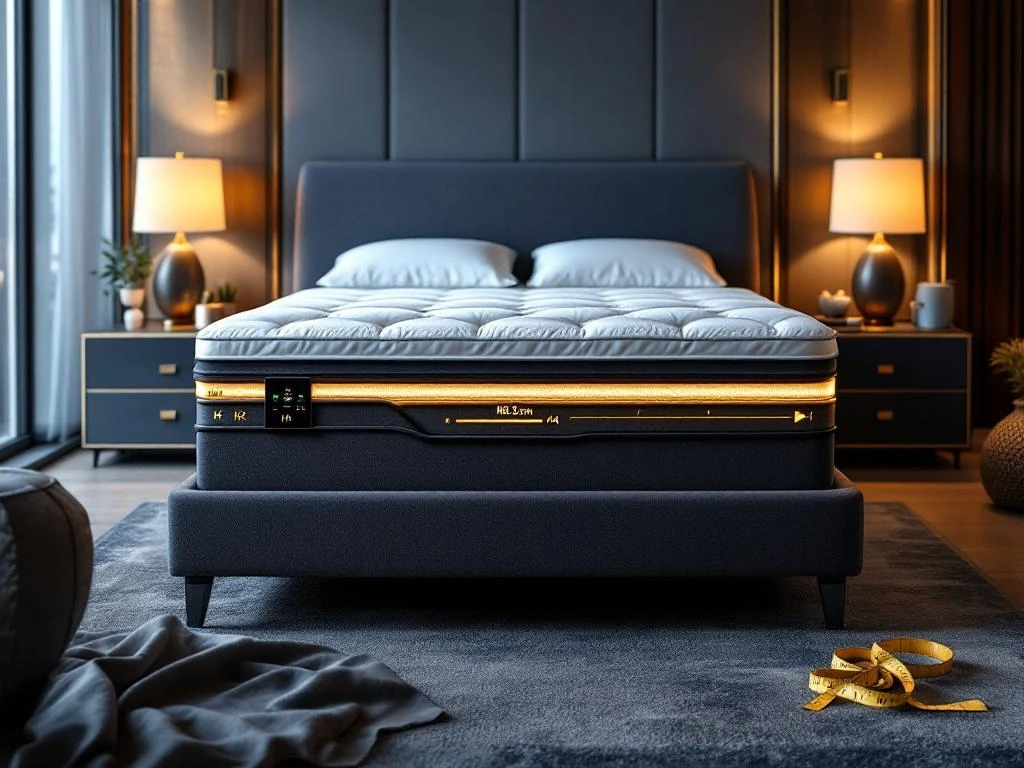 Luxe elektrische boxspring bed met bedieningspaneel en meerdere lagen in moderne slaapkamer met warme verlichting