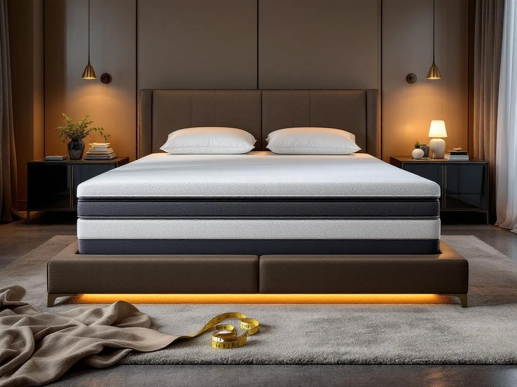 Luxe moderne slaapkamer met kingsize boxspring bed, nachtkastjes en stoffen stalen met meetlint voor maatwerk service