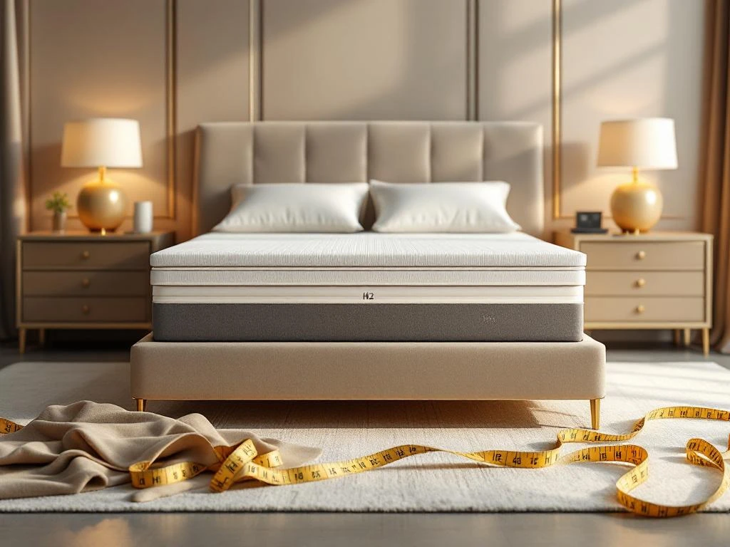 Luxe boxspring bed met matras en topper in moderne slaapkamer, met stoffenstalen en meetlint voor maatwerk slaapoplossingen