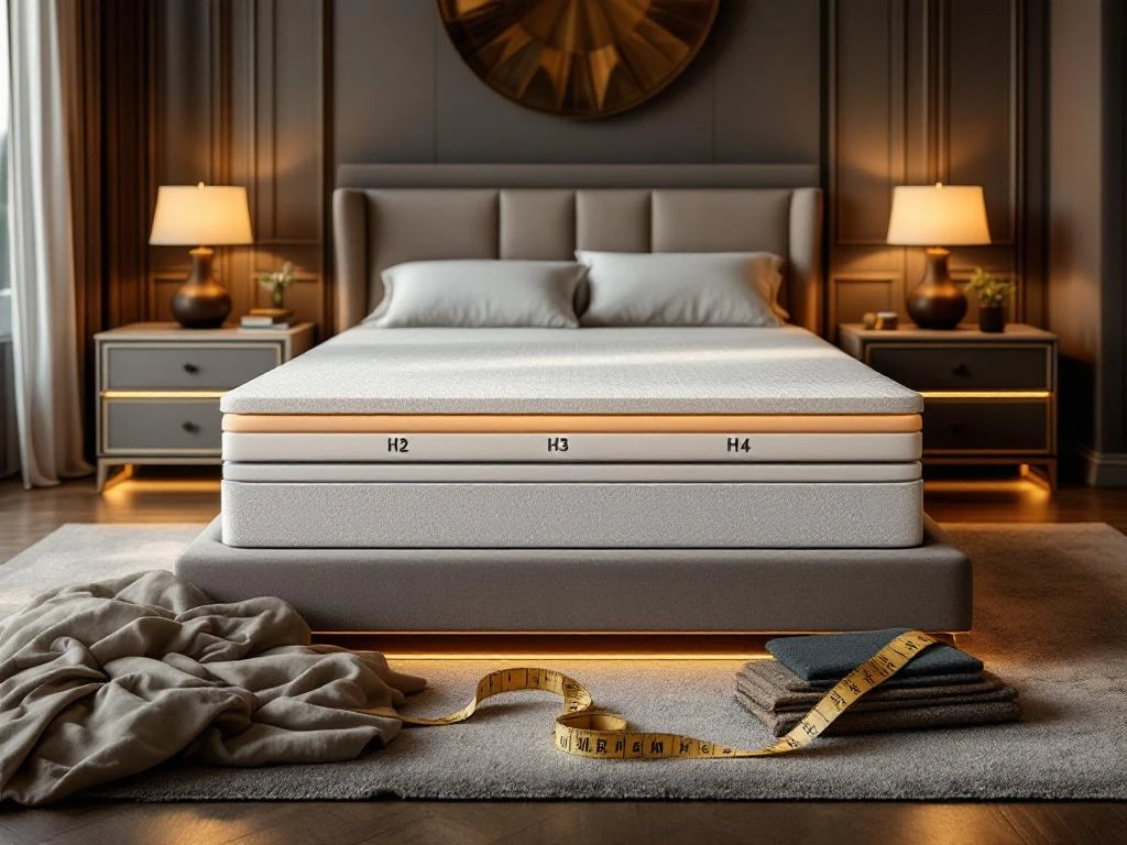 Luxe moderne slaapkamer met boxspring bed in doorsnede, stoffen stalen en maatband voor maatwerk slaapoplossingen