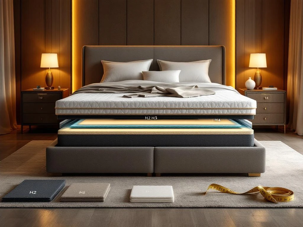 Luxe moderne slaapkamer met boxspring bed, nachtkastjes en materiaalstalen voor ergonomische slaapoplossingen