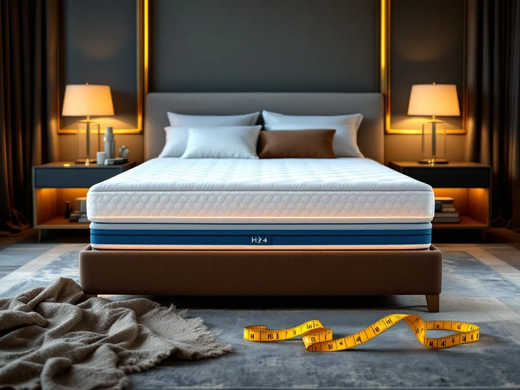 Luxe moderne slaapkamer met boxspring bed, nachtkastjes en stoelstalen met meetlint voor ergonomische slaapoplossingen