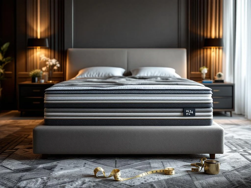 Luxe moderne slaapkamer met boxspring bed, nachtkastjes en stoffen stalen met meetlint voor maatwerk slaapoplossingen