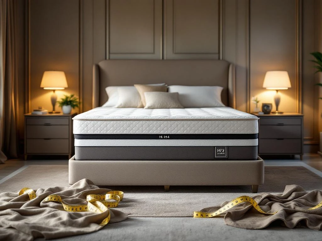 Luxe moderne slaapkamer met kingsize boxspring bed, nachtkastjes en stoffenstalen met meetlint voor maatwerk