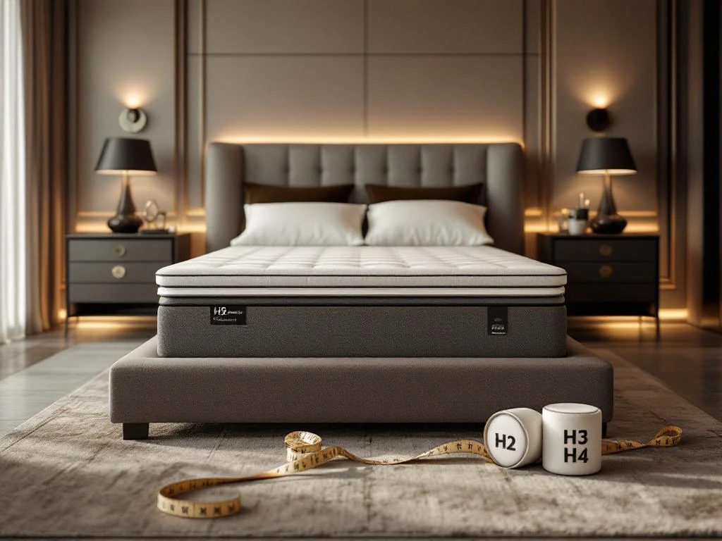 Luxe moderne slaapkamer met boxspring bed, nachtkastjes en matras hardheidsmonsters H2, H3, H4 voor slaapadvies