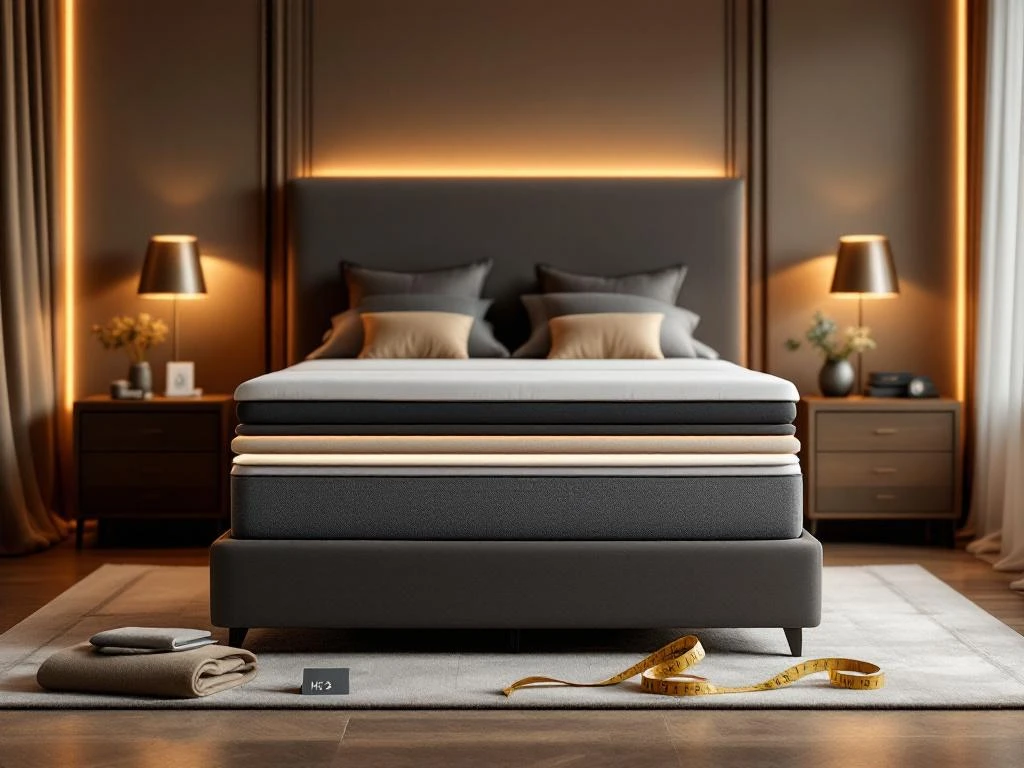 Luxury modern bedroom with high box spring bed, nightstands and fabric samples for custom sleep solutions