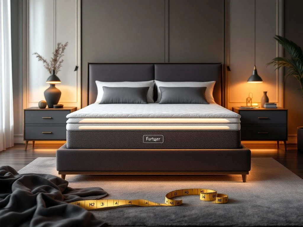 Luxe moderne slaapkamer met boxspring bed, nachtkastjes en stoflabels H2-H4 met meetlint voor maatwerk slaapoplossingen