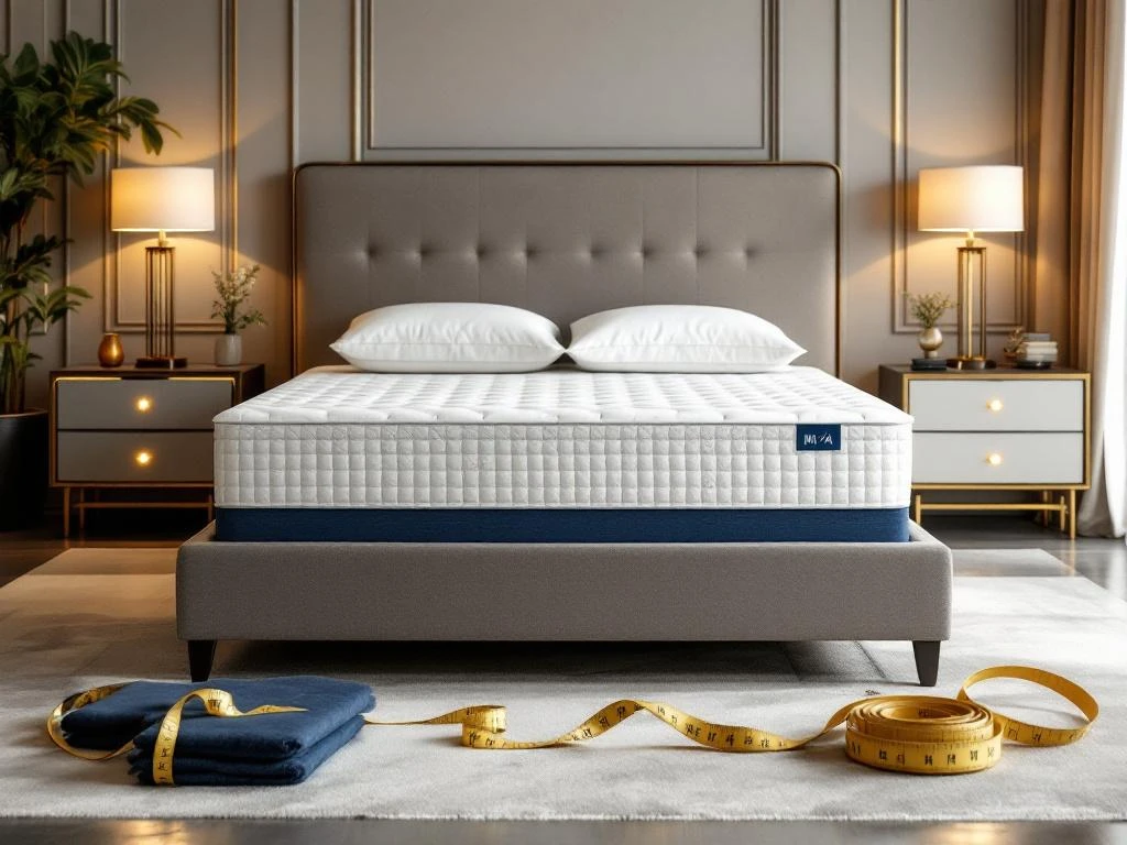 Luxe moderne slaapkamer met boxspring bed, nachtkastjes en stoffenstalen met meetlint voor maatwerk beddengoed