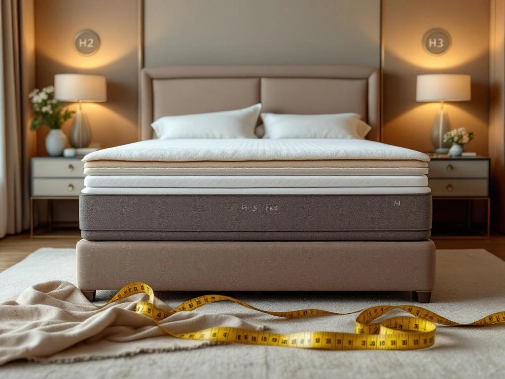 Luxe boxspring bed met meerdere lagen in moderne slaapkamer, stoffen monsters en meetlint voor maatwerk zichtbaar