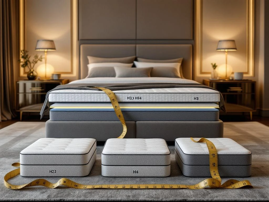 Luxe boxspring bed met gelaagde constructie in moderne slaapkamer, voorgrond toont H2, H3, H4 matrassamples met meetlint