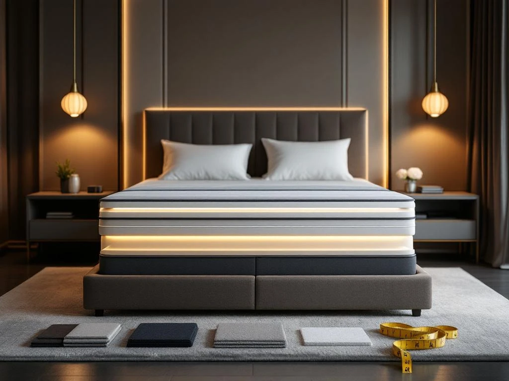 Luxe moderne slaapkamer met boxspring bed, nachtkastjes en materiaalstalen voor ergonomisch slaapadvies