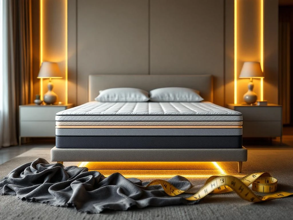 Luxe boxspring bed met meerdere lagen in moderne slaapkamer met stoelstalen en meetlint voor maatwerk slaapoplossingen