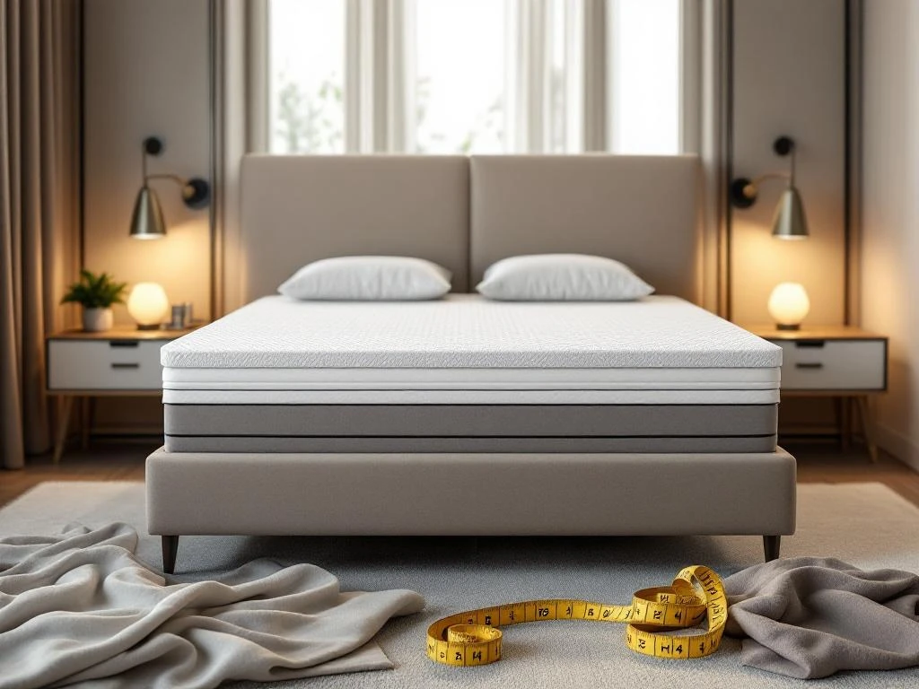 Luxe moderne slaapkamer met boxspring bed, stoffen stalen en meetlint voor maatwerk slaapoplossingen