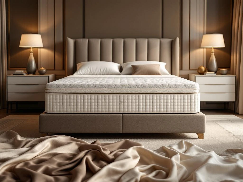 Luxe moderne slaapkamer met boxspring bed, nachtkastjes en premium beddengoed stalen van zijde, katoen en linnen