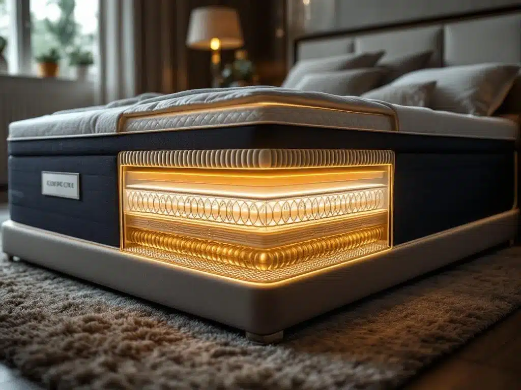 Luxe boxspring bed met transparante doorsnede die veersysteem en comfortlagen toont in elegante slaapkamer