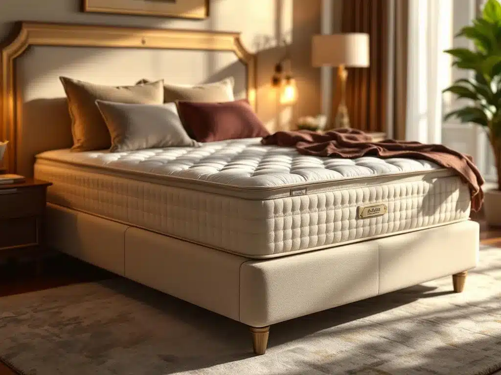 Elegante boxspring bed op toegankelijke hoogte voor ouderen in luxe slaapkamer met warme verlichting
