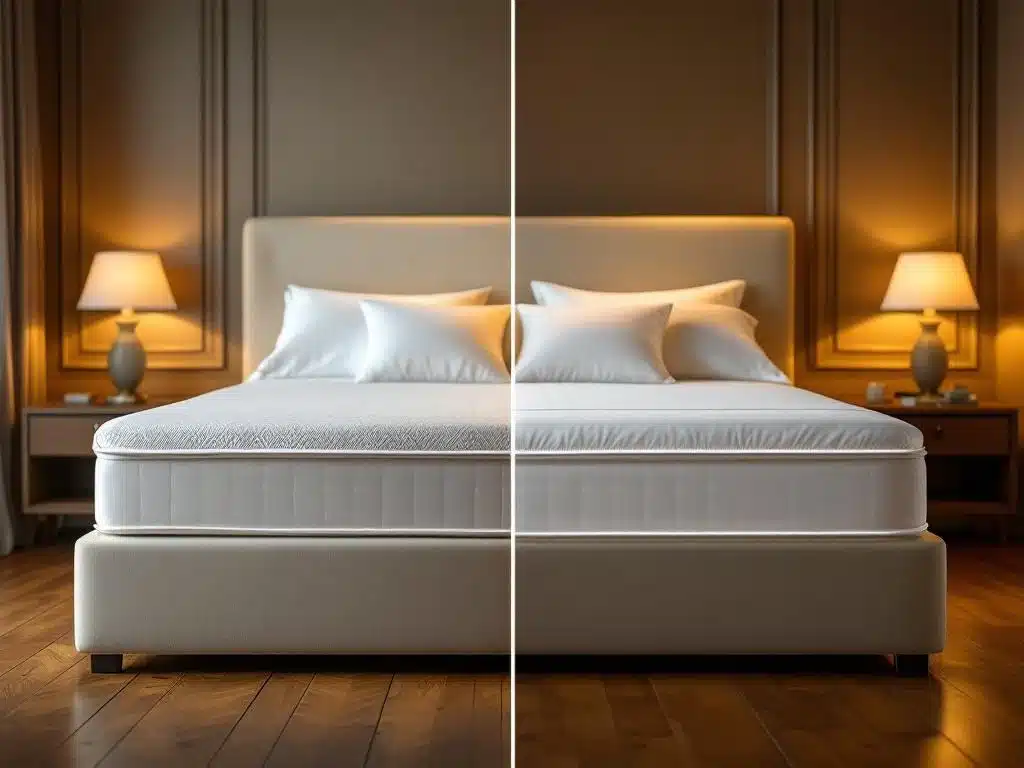 Vergelijking van twee luxe slaapkamers met verschillende boxspring hoogtes, witte beddengoed op houten vloer