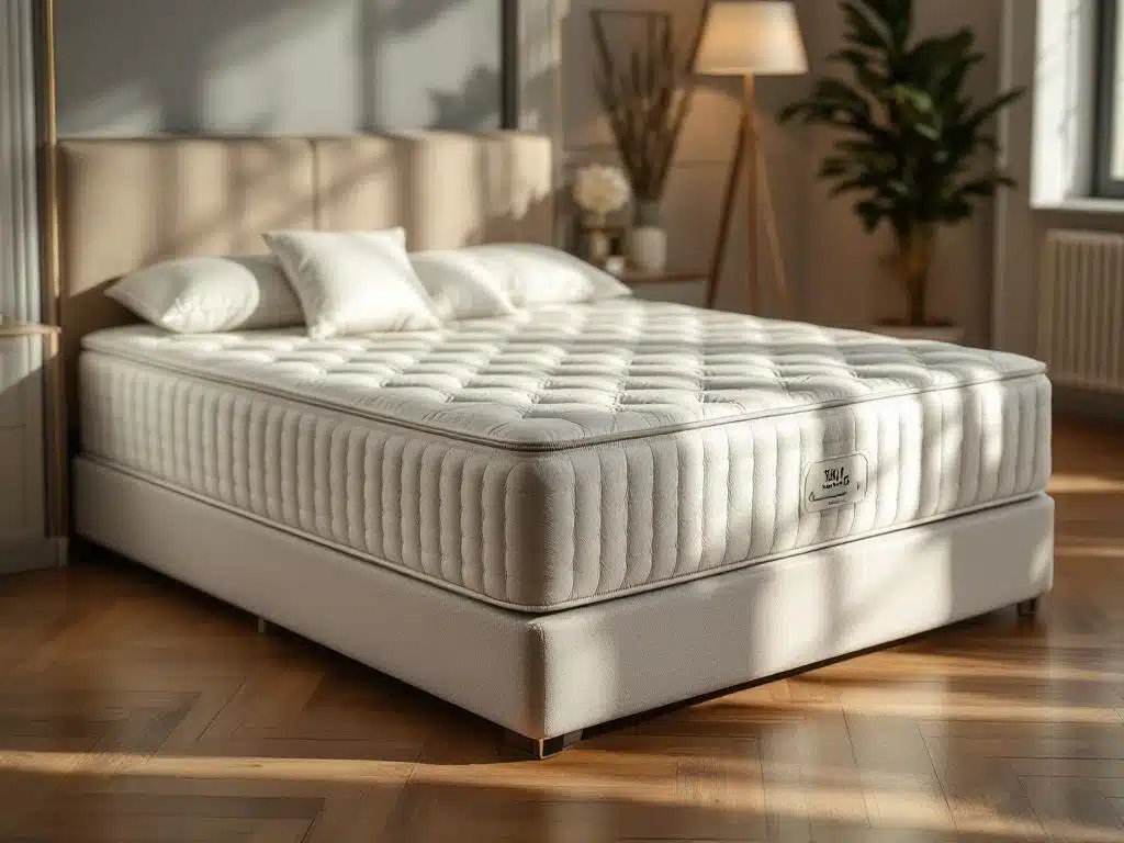 Luxe boxspring matras 180x200 in crème en grijs tinten met gewatteerd oppervlak in stijlvolle slaapkamer setting