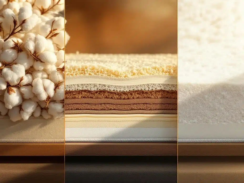 Luxe boxspring doorsnede met natuurlijke materialen links en synthetische materialen rechts in split-screen compositie