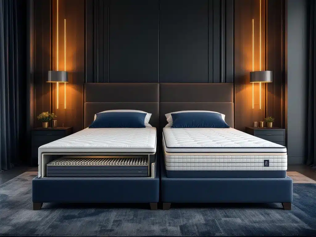 Vergelijking van twee luxe boxspring bedden in dwarsdoorsnede: lage en hoge boxspring met zichtbare veerstructuur