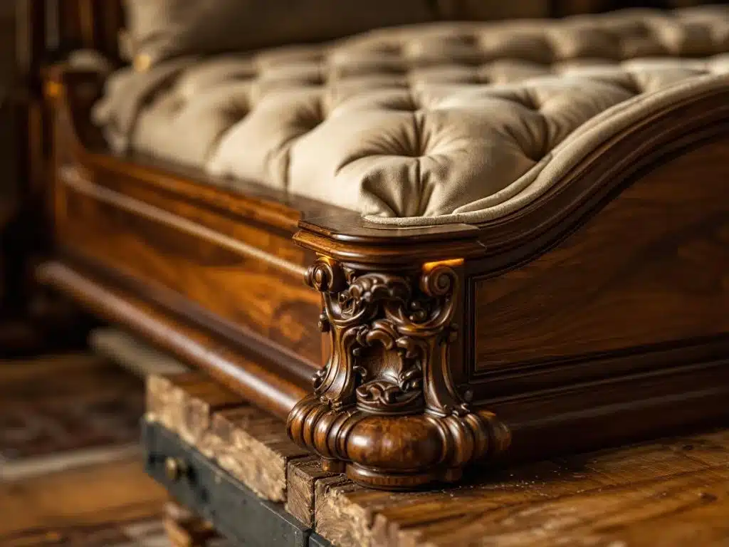 Luxe handgemaakte bedframe van mahoniehout met handgesneden details en leren hoofdeinde, close-up van ambachtelijk vakwerk.