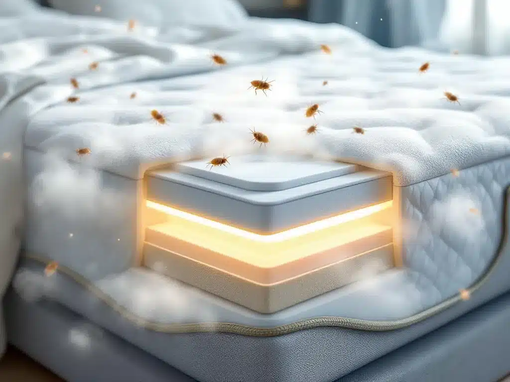 Hypoallergene boxspring matras met doorzichtige doorsnede toont katoen, bamboe en anti-stofmijt lagen in luxe slaapkamer