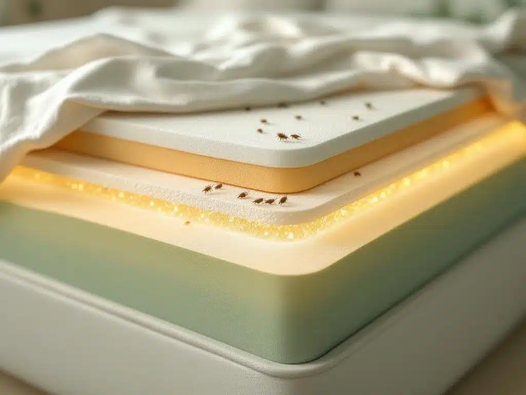 Doorsnede van luxe boxspring matras met hypoallergene natuurlijke latex, biologisch katoen en bamboe vezels