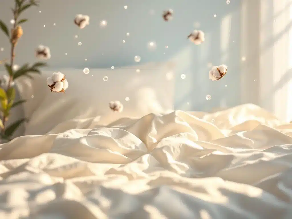 Luxe bed met witte lakens omringd door zwevende natuurlijke hypoallergene materialen als katoen en bamboe