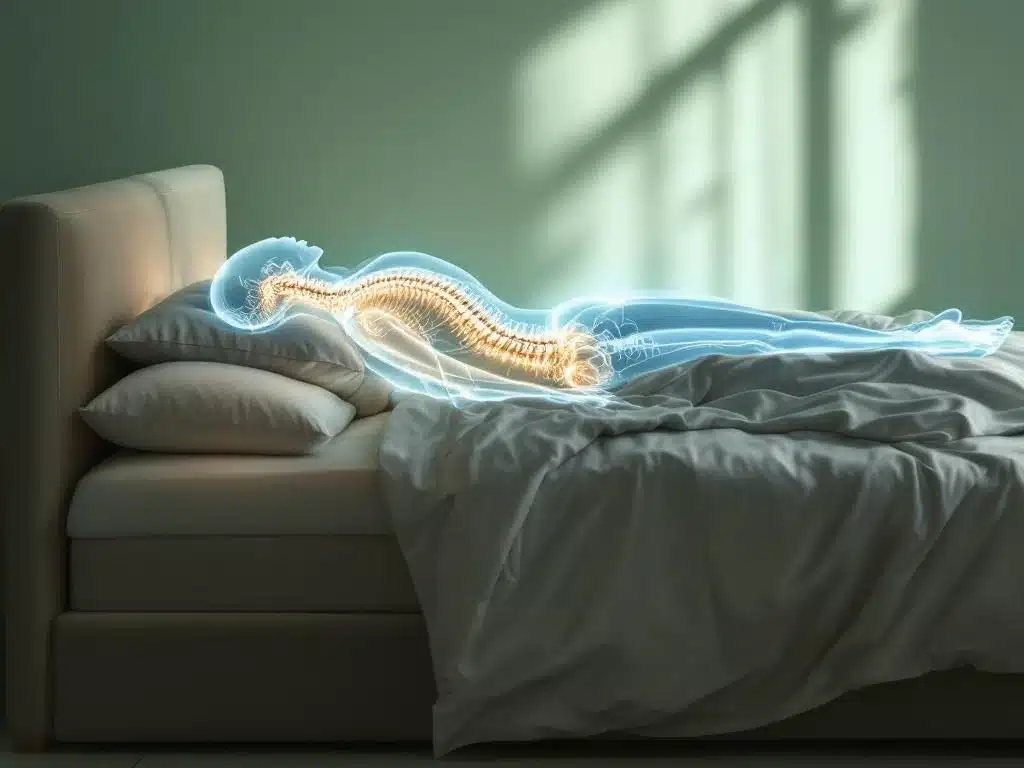 Luxe kingsize bed met witte beddengoed en doorschijnend silhouet dat optimale ruggengraat ondersteuning toont