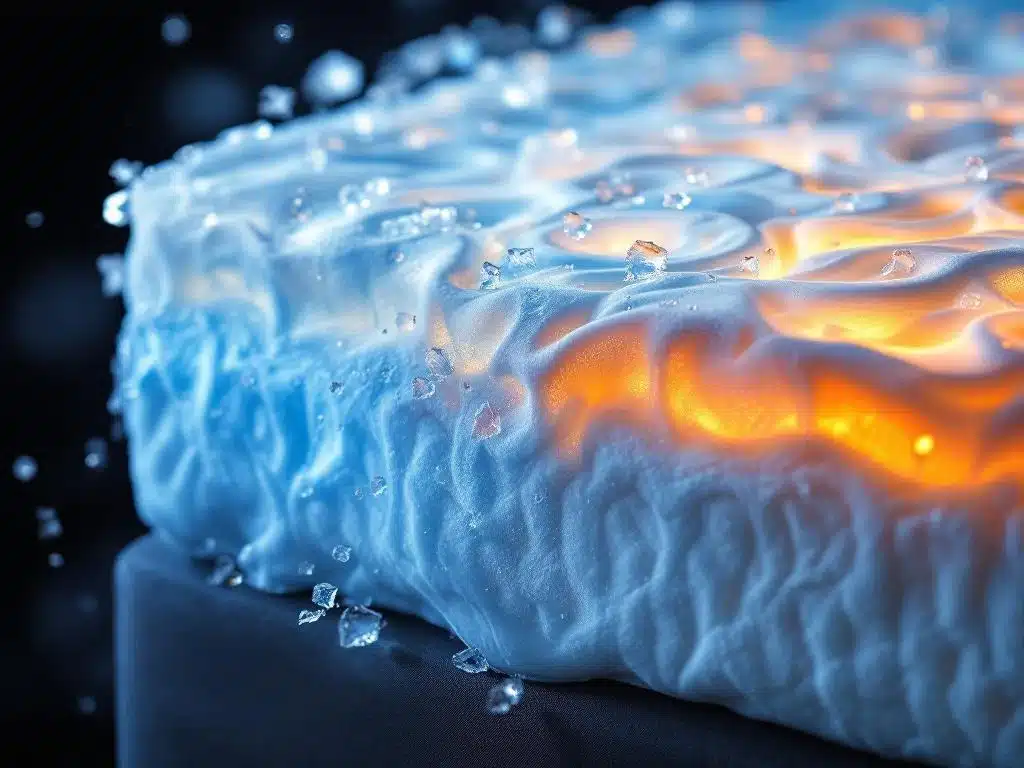 Luxe gel-geïnfuseerde memory foam matrastopper met zichtbare koelgel wervelingen en ademende stof in crème en blauw