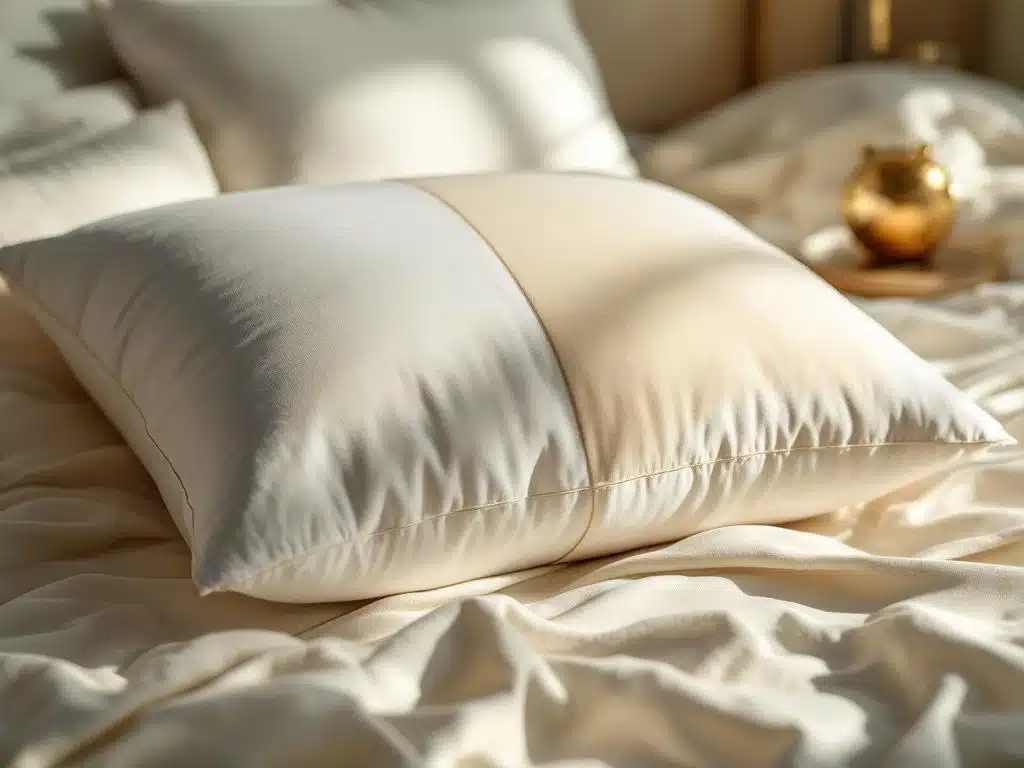 Luxe wit kussen met slijtage naast nieuw kussen op crème linnen bed, warme verlichting benadrukt textuurverschillen