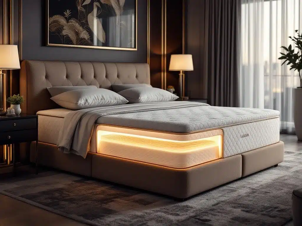 Luxe boxspring bed met zichtbare veerstructuur in elegante slaapkamer met warme neutrale tinten en ergonomische kussens