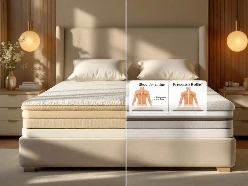 Luxe boxspring bed met natuurlijke materialen naast anatomische illustraties van drukpunten en ruggengraat uitlijning
