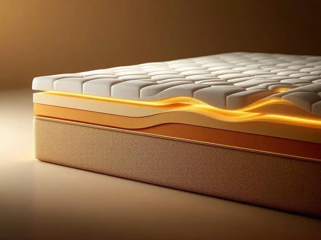 Luxe boxspring matras doorsnede toont comfortzones in warme tinten van crème tot amber met dramatische studiobelichting