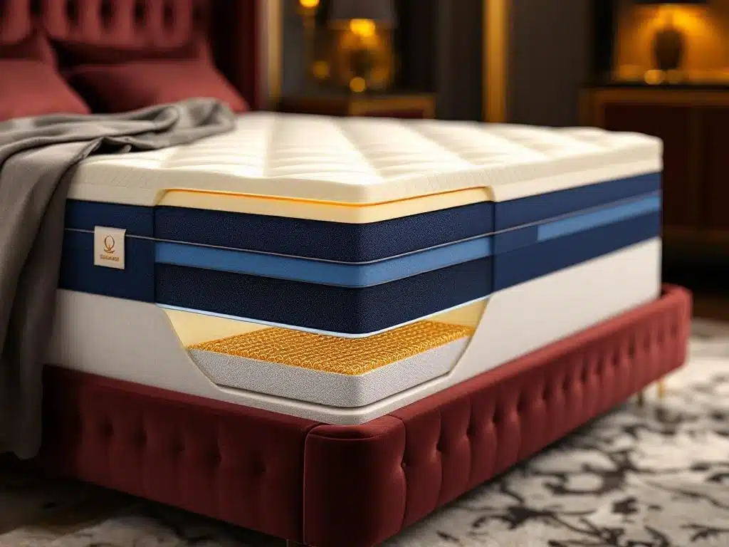 Premium boxspring matras doorsnede met kleurgecodeerde comfortzones, gouden veren en luxe slaapkamer achtergrond