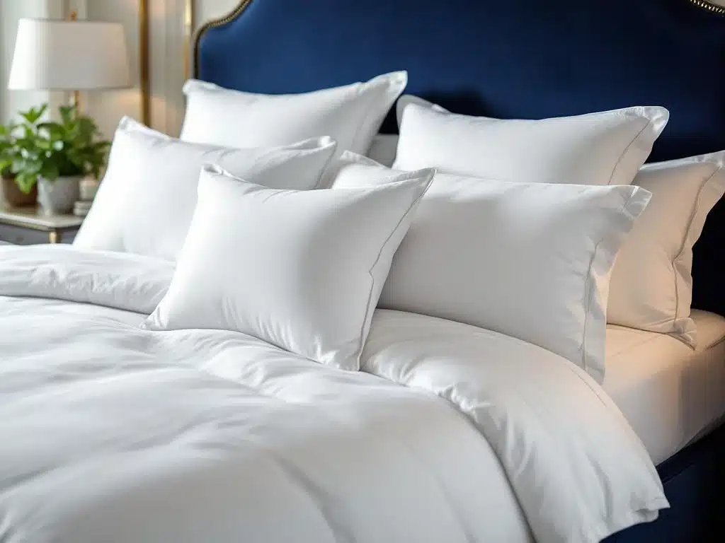 Luxe queensize bed met marineblauw fluwelen hoofdbord en wit beddengoed, verschillende kussens gerangschikt in showroom